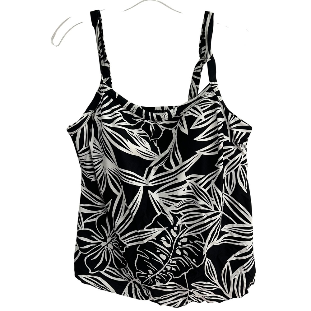 Christina Womens Plus 18W Black White Tropical Palm Leaf Tankini Swim Top